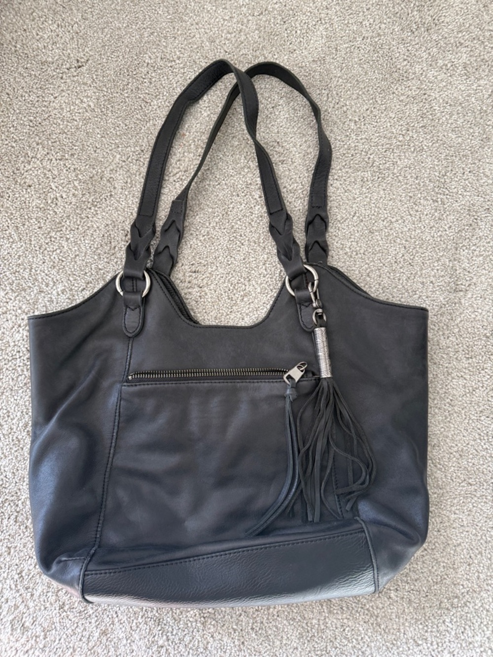 The Sak. Classic Black Leather Tote Bag with Tassel